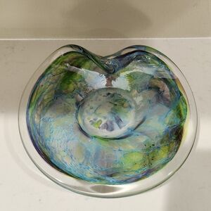 Murano Type Glass Art Bowl with Blue and Green Swirls